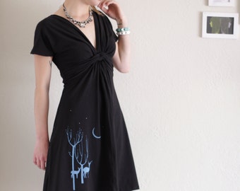 Black Jersey Dress, Womens jersey dress, Knit dress, Black Cotton Party Dress - V-neck Knee Length Dress-Lovely Neighbors From the Woods