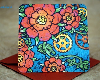 Blank Mini Card Set of 10, Funky Floral with Contrasting Gingham on the Inside, Metallic Copper Envelopes, mad4plaid