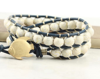 Navy Blue Leather Wrap Bracelet Distressed White Gold Fish Nautical Jewelry Summer Fashion Bohemian Jewelry Leather Jewelry Beach Bracelet