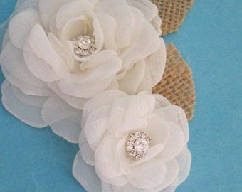 Rustic wedding burlap Bridal hair flower set, Ivory, Organza Rose hair pin, set E153 - bridal hair accessory