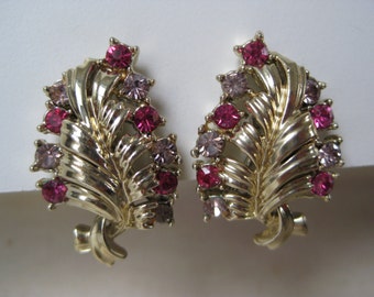Leaf Pink Earrings Gold Rhinestones Clip Vintage
