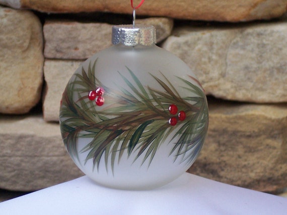 Hand Painted Glass Christmas Ornament with Green Garland and Red Holly ...