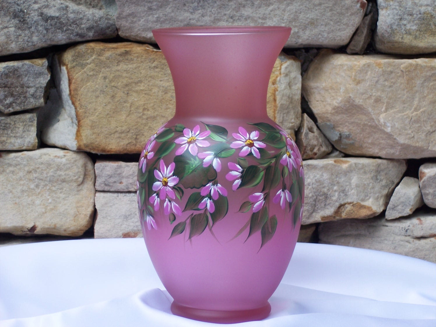 Hand Painted Pink Glass Vase with Pink Cascading Daisies
