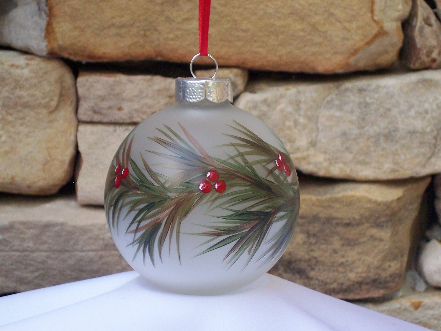 Hand Painted Glass Christmas Ornament with Green by NaturesPetals