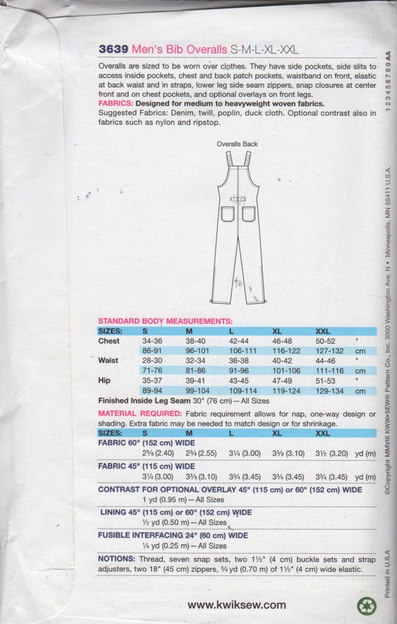 Kwik Sew 3639 Mens Bib Overalls Pattern Mans Optional Ripstop