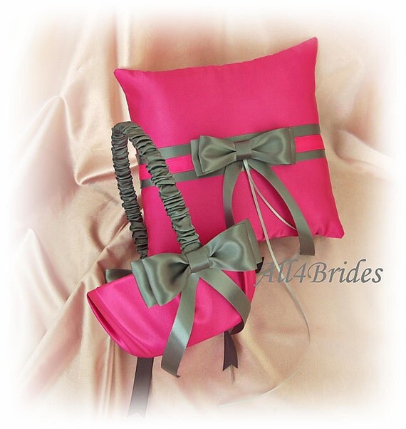 Wedding Pillow Basket - Fuchsia Pink and Grey Ring Bearer Pillow Flower Girl Basket - Wedding Ceremony Decor