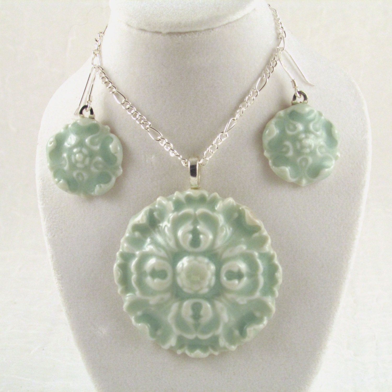 Porcelain Jewelry Set Necklace and Earrings light blue