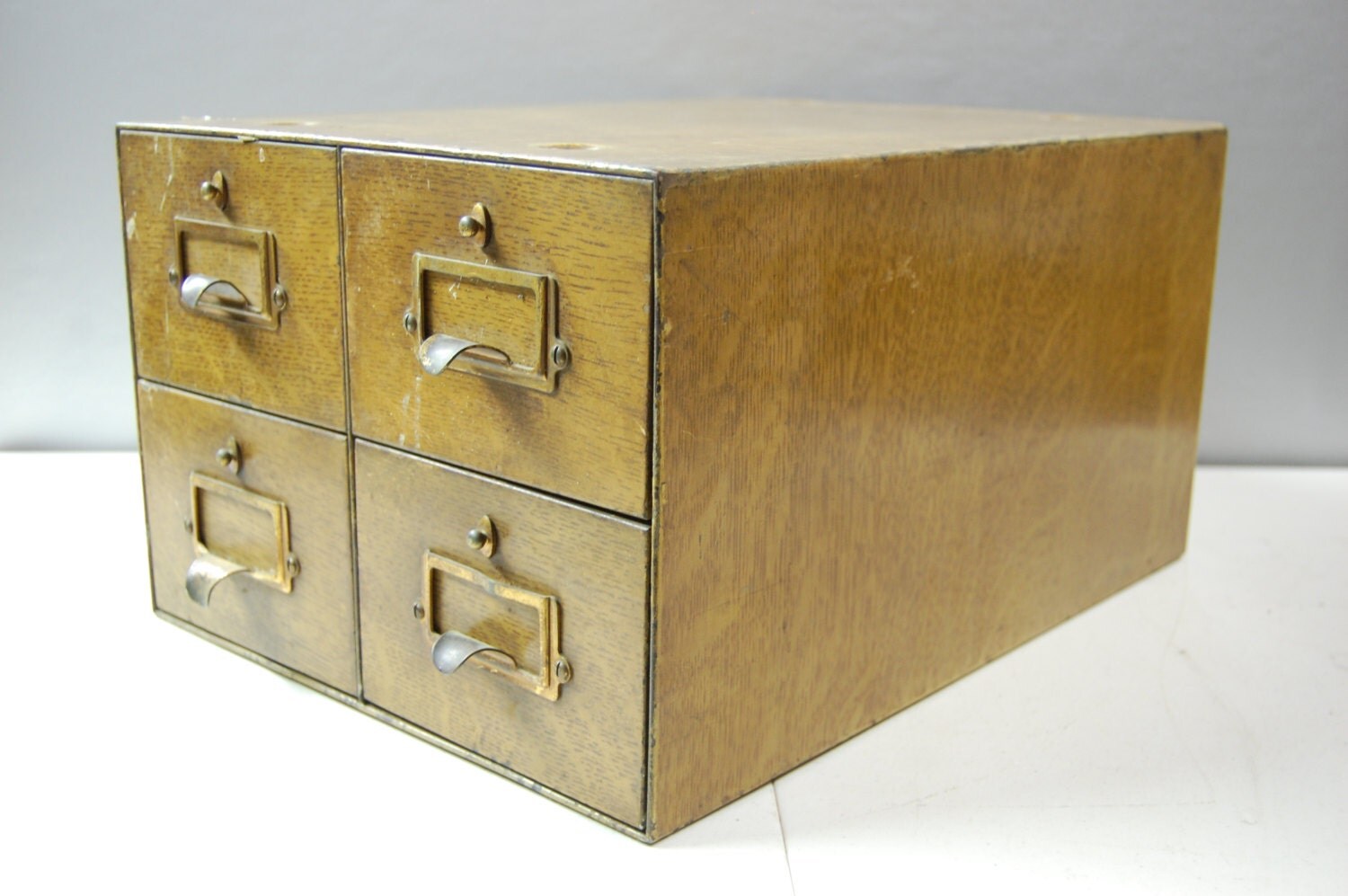 Vintage Wood Grain Painted Metal 4 Drawer Card Catalog File