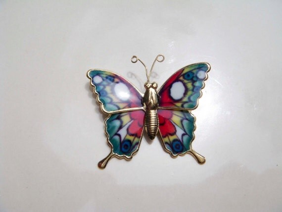 Vintage Metal Butterfly Pin brooch Pink white Green and Blue