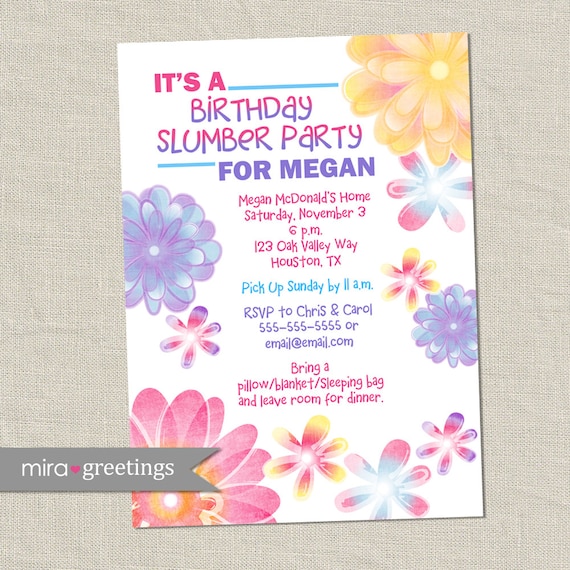 Flower Birthday Invitations Slumber Party Invitation