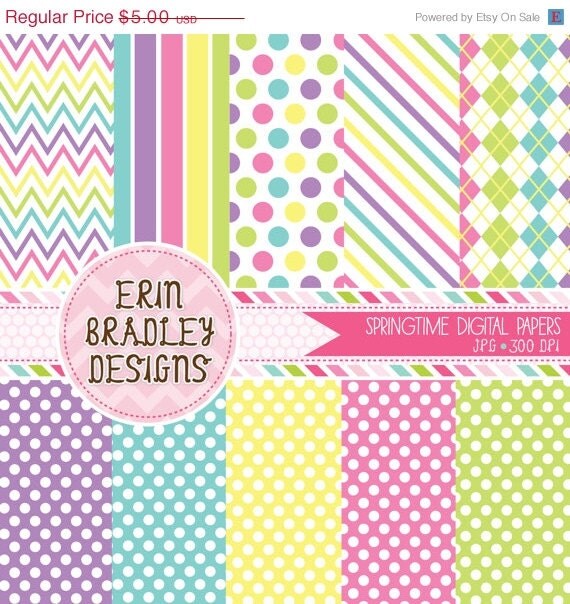 50% OFF SALE Digital Paper Pack Springtime Medley Polka Dots Stripes and Chevron Commercial Use & Instant Download Il_570xn