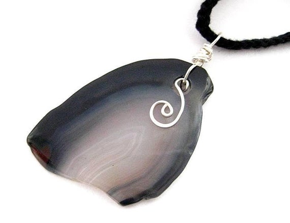 Celtic Pendant. Black Agate Slice with Sterling Silver Swirl. Midnight in Dublin