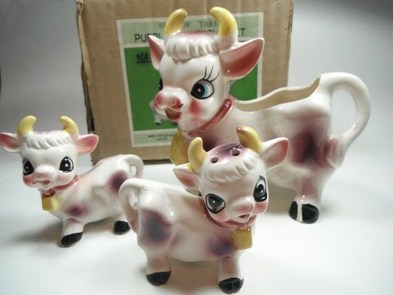 Vintage 1960s Purple Cow Creamer Salt & Pepper In Box Chadwick