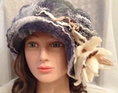 designer hat cap Felted womens ladies nunofelted nunofelt white grey gray black beige winter hat newsboy cap