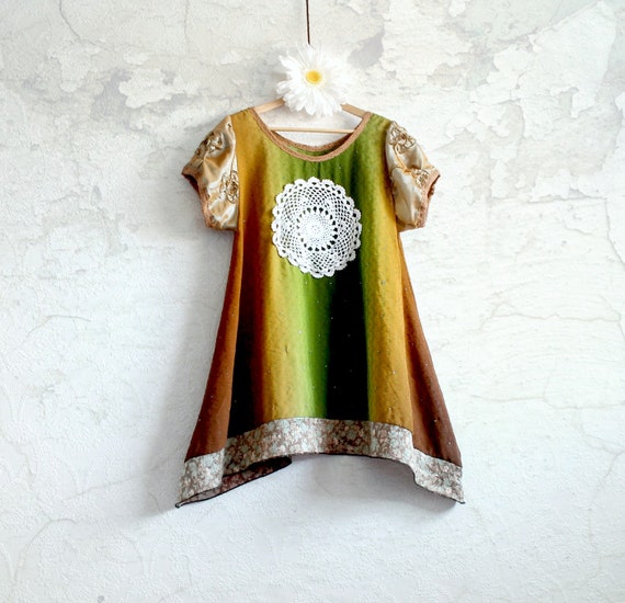 Green Ombre Blouse Upcycled Clothing Brown Boho Shirt Lace