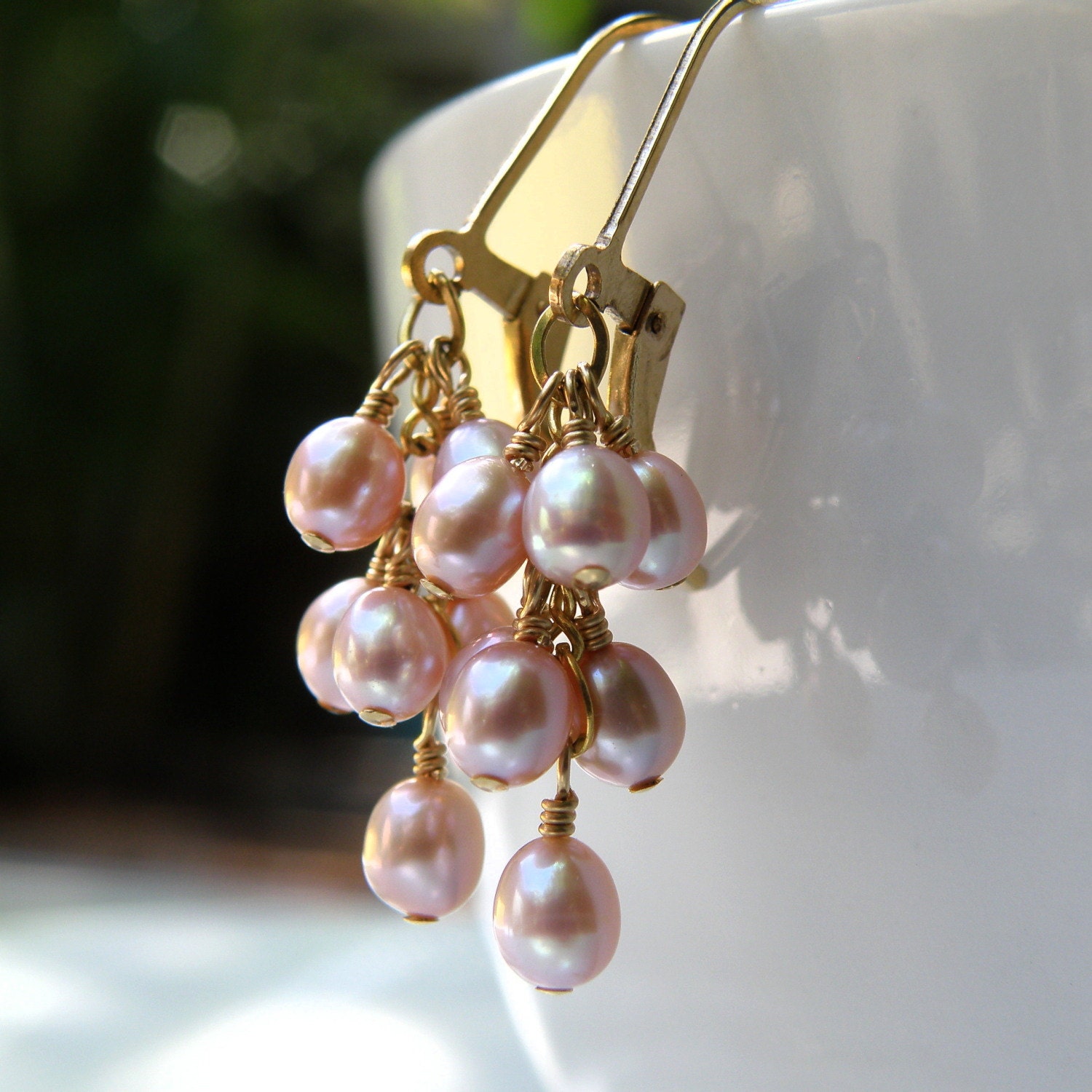 Pink Freshwater Pearl Earrings Cluster Dangle Gold Filled