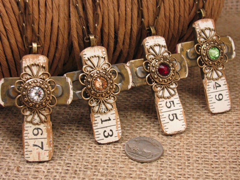 Upcycled Jewelry Vintage White Folding Ruler Cross Pendant
