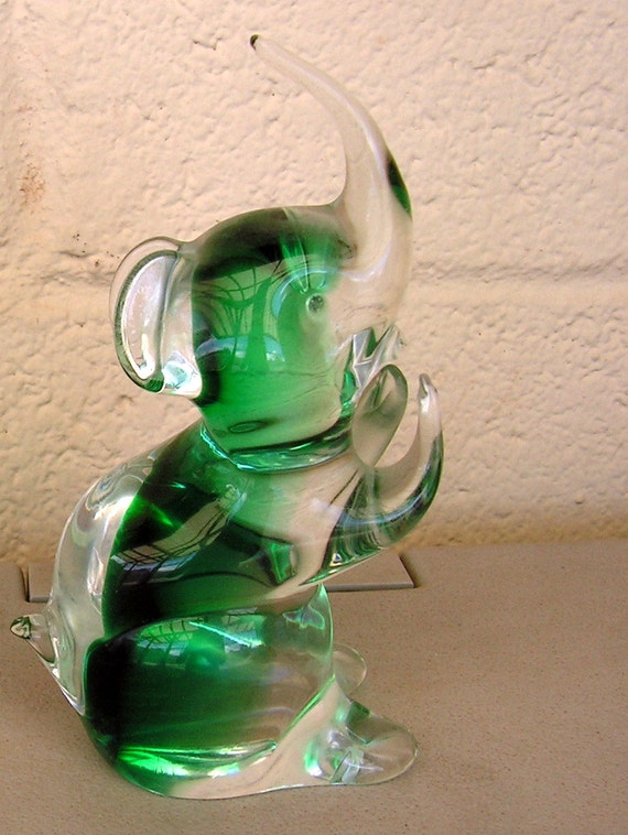 Vintage Glass Elephant Figurine Lucky Green by retrosideshow