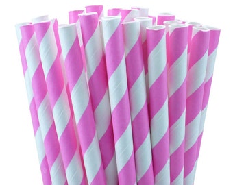 25 Pink Striped Paper Straws with Printable Party Flags PDF File