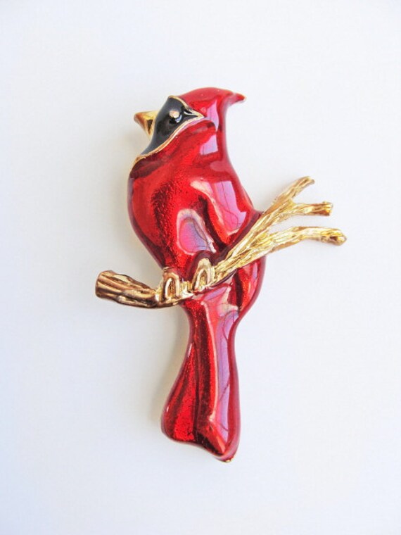 Enamel Cardinal Brooch Vintage Gold Tone Bird Pin.
