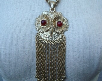 Vintage Owl Necklace 1970s Gold tone with red eyes huge