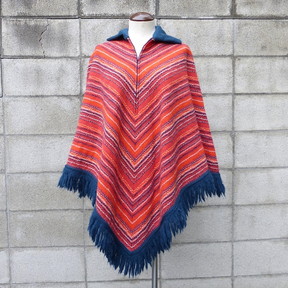 Pendleton Wool Cape Poncho Vintage 1960s Red Woven stripe