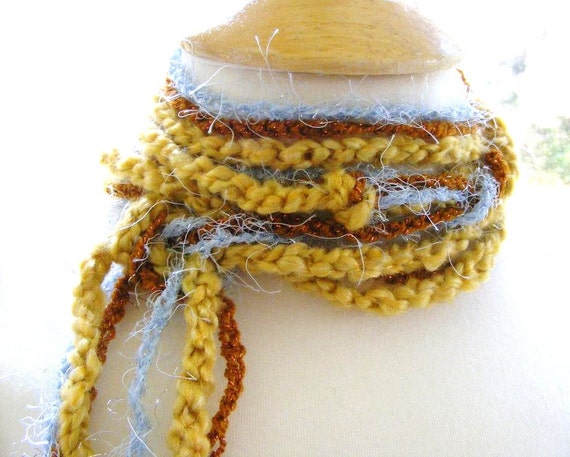 Boho Crocheted Layered Knotted Long Skinny Scarf by meiguidesigns