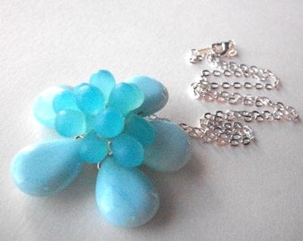 Blue beaded flower necklace, wire wrapped flower with light blue glass beads, flower pendant necklace with silver chain