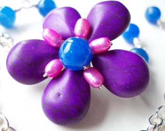 Purple flower necklace, asymmetrical gemstone flower necklace, beaded floral jewelry