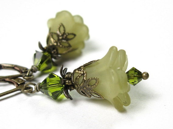 Flower Earrings, Swarovski Jewelry, Olive Green, Dangle Earrings, Antiqued Brass, Lucite Flowers, Soft and Feminine, Womens Accessories