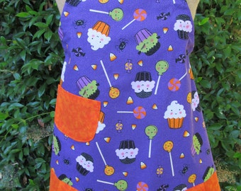 Handmade child's purple and orange cupcake apron