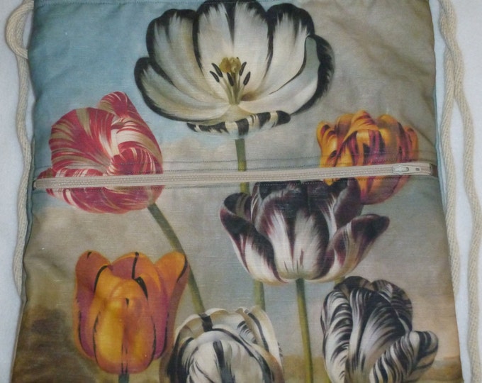 Vintage Tulip Painting Linen-cotton canvas Backpack/tote Custom Print made to order