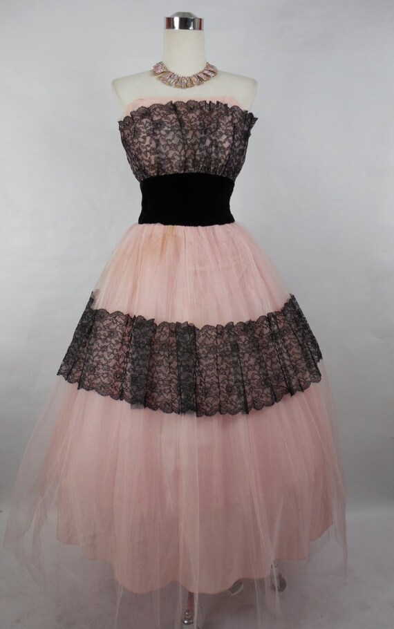 1950's Vintage Pink and Black Tulle Prom Dress with Lace