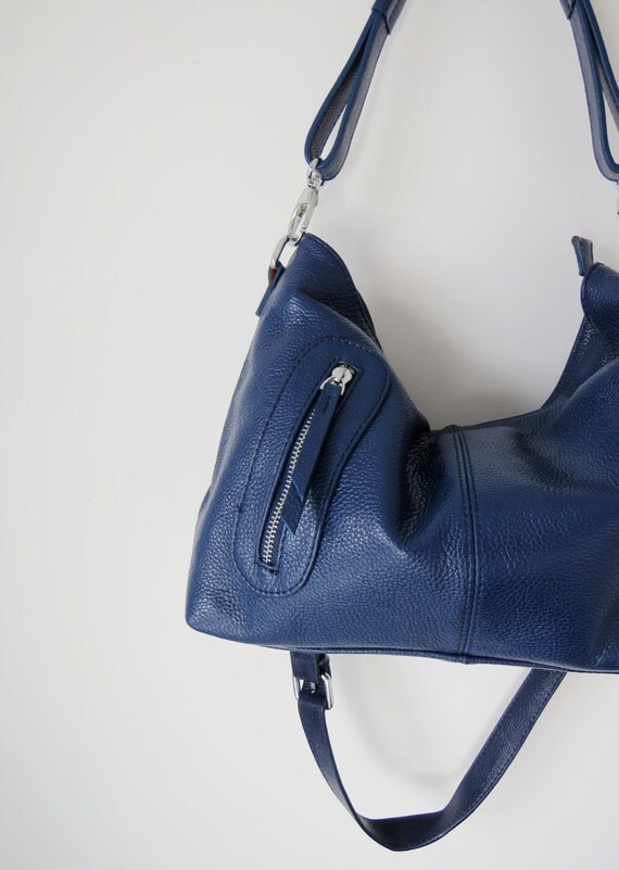 Navy leather handbag navy leather shoulder bag by Adeleshop