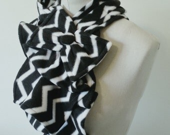 Ruffled Bow Scarf - Fleece chevron print black and white Made-to-order