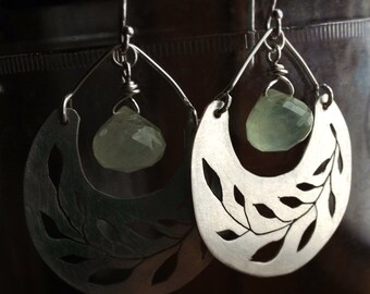 Recycled sterling silver vine dingle dangle earrings with faceted prehnite briolette a