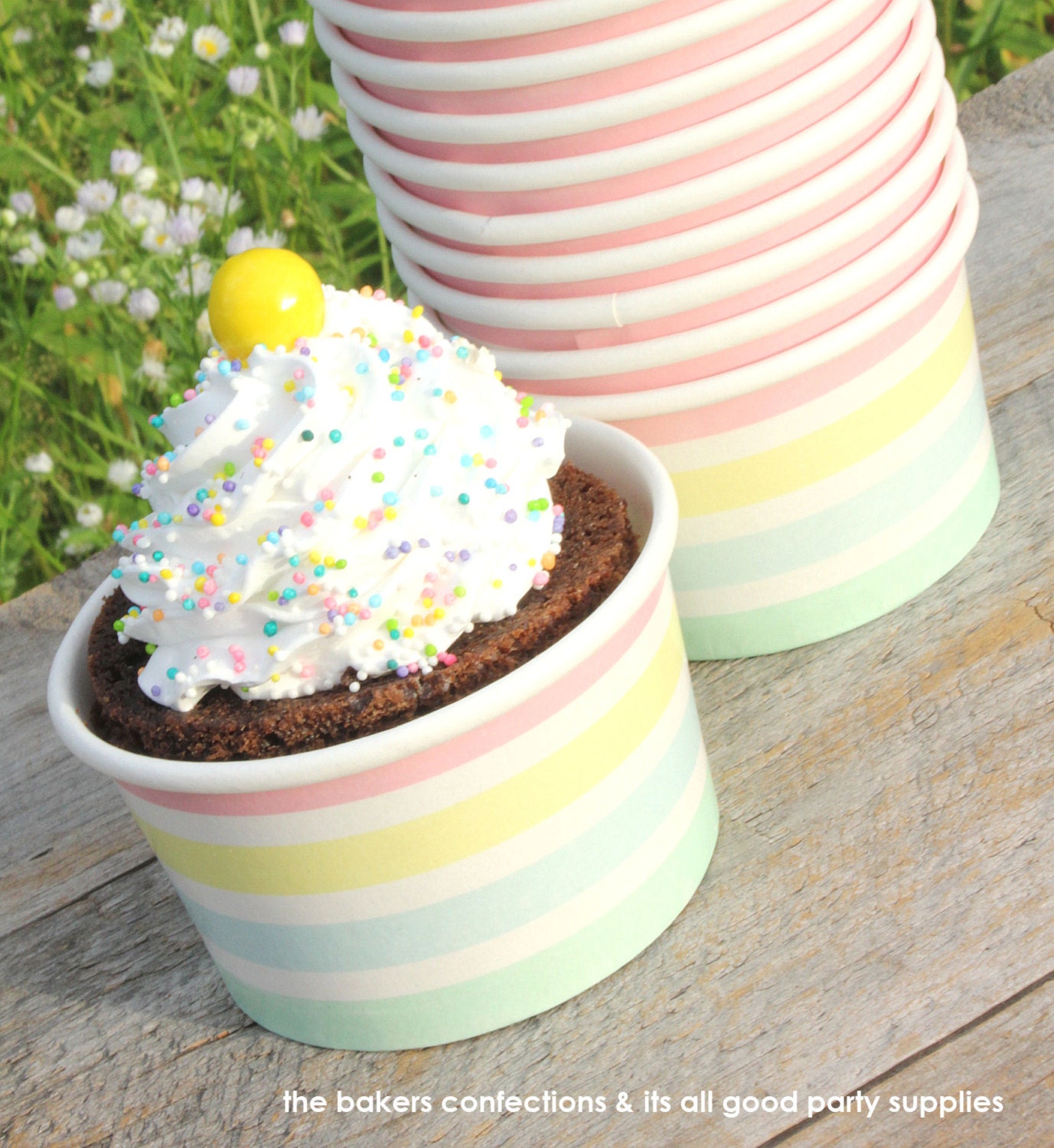 Pastel Rainbow Stripe Ice Cream Cups & Wooden Spoon Set 12
