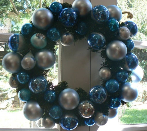 Icy Blue Christmas Ornament Wreath Made with All Vintage glass
