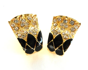 Original 1970 vintage, black & white earrings with enamel and crystals - -beautiful and elegant--Art.873/2 -