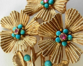 Exquisite floral brooch CAPRI signed - flowers and leaves, turquoise & ruby crystals--Art.74/3 -