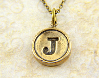 Letter J Necklace - Bronze Initial Typewriter Key Charm Necklace - Gwen Delicious Jewelry Design
