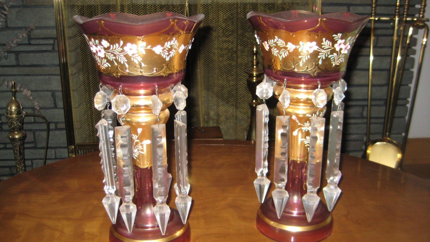 Antique Pair Cranberry Glass Candle Holders w/Crystal Prisms