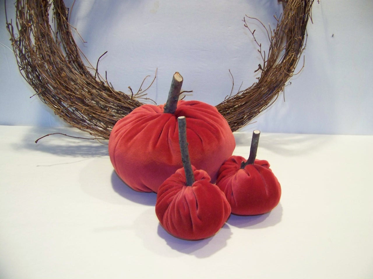 Handmade Collection of 3 Velvet Fabric Pumpkins for Fall Holiday Decor