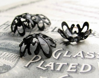 14mm Art Nouveau bead cap, domed scalloped delicate (6 black antiqued brass bead caps) aged black patina - BC-SG-035