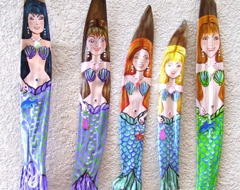 Brunette Mermaid on Palm Seed Pod Hand Painted Palm Frond
