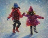 Snow Sisters Art Print two sisters holding hands children snow paintings, sisters wall art, Vickie Wade art Snow Sisters Art Print two sisters holding hands children snow paintings, sisters wall art, Vickie Wade art