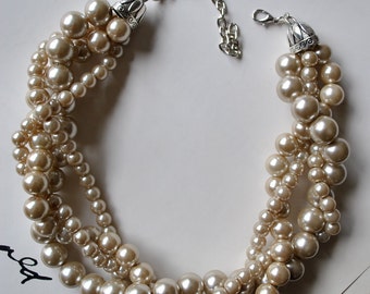 Champagne Chunky Pearl-4 Strand- Twisted Statement Necklace