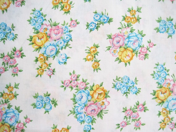 Vintage Sheet Fabric Fat Quarter – Floral Pink Blue Yellow Roses White Background