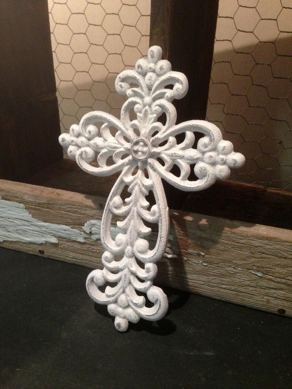 White Distressed Scroll Cast Iron Wall Cross Wall Decor