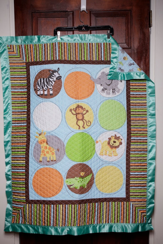 Safari Baby Blanket with Green Satin Boarder